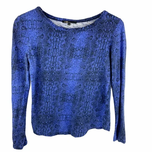 MAJE Blue Black Snakeskin Long Sleeve Top 2 - Picture 2 of 7